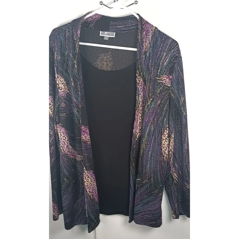 Womens Cardigan Built in L purple gold bold mob wife retro 80s feathers glitter